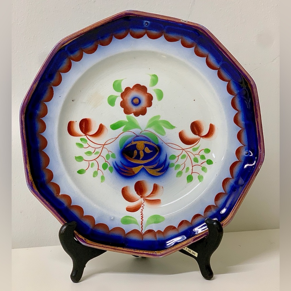 19th Century Gaudy Ironstone 10 Sided Flow Blue "Pearl White" Impressed Plate